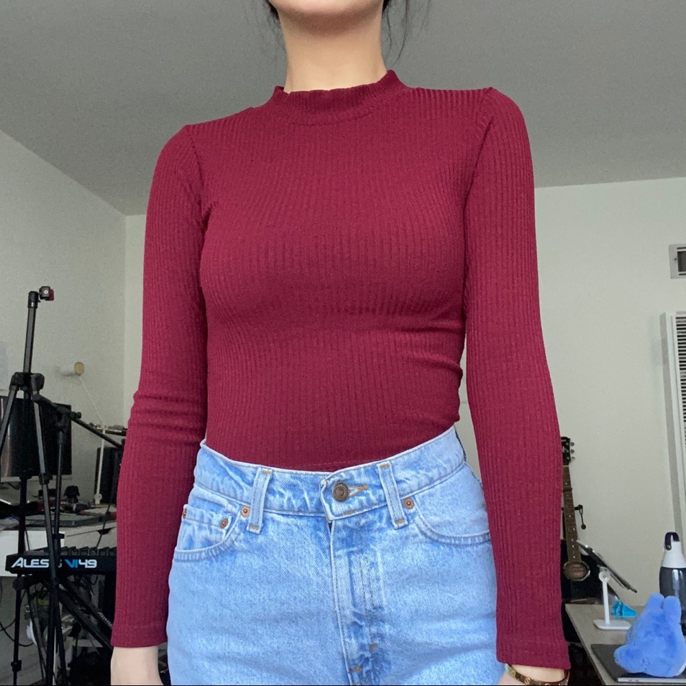 Maroon Red Mock Neck Long Sleeve Ribbed Top